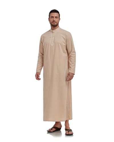 Jacansi Men's 65% Cotton 35% Linen Kaftan Robe, Henley Button Down Thobe, Long Sleeve Casual Gown with Pockets - color: Khaki, size: Medium