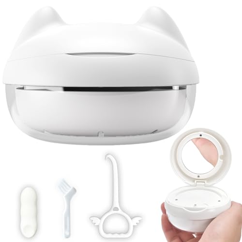 Retainer Case Denture Bath Case Basket Mirror Leak-proof White Cat | 2-in-1 design Strainer Basket No-Leak Cleaning Case for Mouth Guard Cute Removal Tool,Aligner chewies,Bursh - color: White Cat