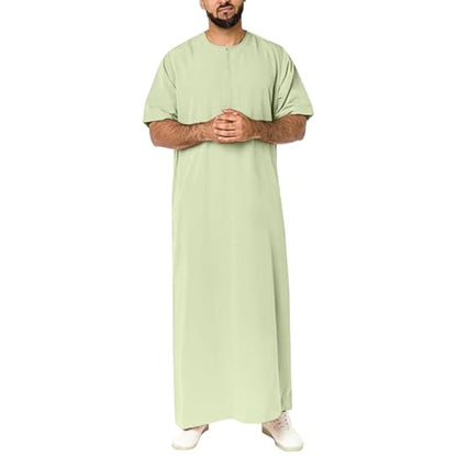 Muslim Thobe for Men Islamic Robe Kaftan Long Sleeve Jubba Arabic Gown Cotton Linen Loose Fit Ramadan A20 - color: Green, size: Large