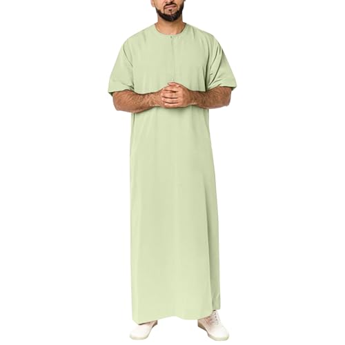 Muslim Thobe for Men Islamic Robe Kaftan Long Sleeve Jubba Arabic Gown Cotton Linen Loose Fit Ramadan A20 - color: Green, size: 3X-Large