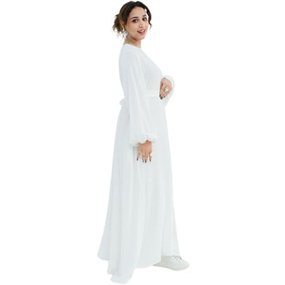 Muslim Women Abaya Dress Breathable Front Zipper&Pockets&Belt Prayer Robe - color: White, size: Medium