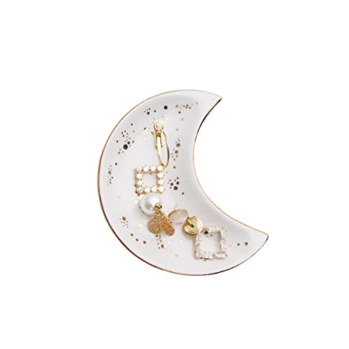Soddeph Small Moon Ceramic Jewelry Tray, Decorative Trinket Dish, Ring Holder Plate, Modern Accent Tray for Bathroom, Nightstand, Entryway Table, Vanity (1, White) - color: White