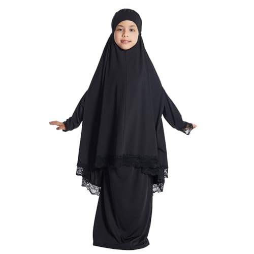 IBTOM CASTLE Little Girls Muslim Prayer Dress Abaya Long Sleeve Full Cover Lace Hijab Kaftan Dubai Islamic Modest Eid Jilbab - color: Black, size: 4-5T