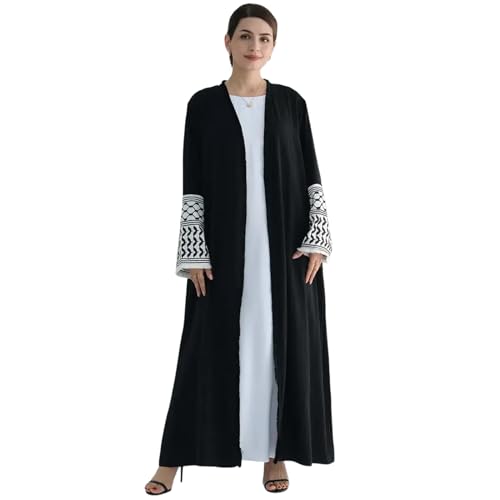Muslim Dresses for Women Ramadan Kimono Long Sleeve Embroidered Islamic Cardigan Prayer Dress Abaya Kaftan with Belt - color: Black, size: Small