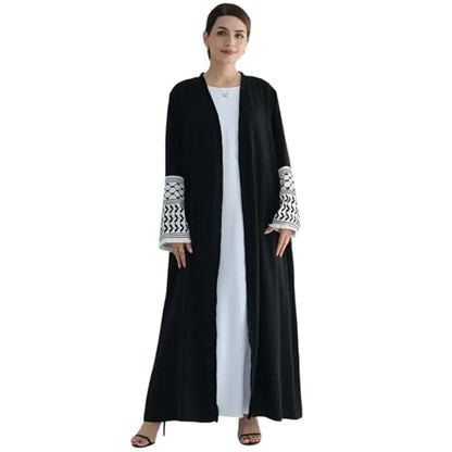 Muslim Dresses for Women Ramadan Kimono Long Sleeve Embroidered Islamic Cardigan Prayer Dress Abaya Kaftan with Belt - color: Black, size: X-Large