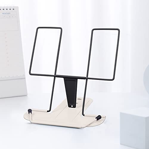 MSDADA Metal Book Stand for Desk, Adjustable Reading Rest Book Holder, Portable Cookbook Documents Holder, Sturdy Typing Stand for Recipes Textbooks Tablet Music Books(Black+Milky White) - color: Black+milky White