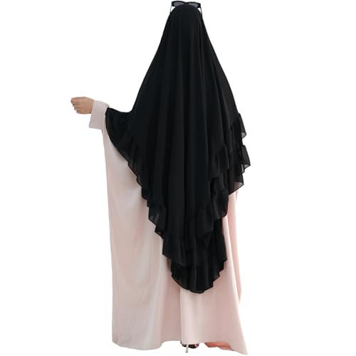 khalat Women's Hijab Chiffon Hijab for Women Muslim 2 Layers Ruffle Lightweight Large Hijab - color: Black