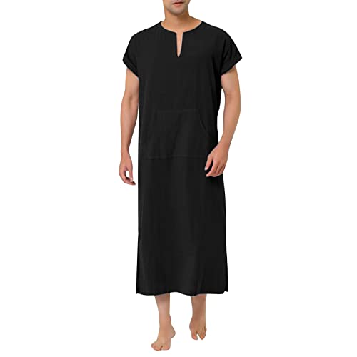 Muslim Clothes for Men V Neck Short Sleeve Kaftan Sleep Shirts Casual Soft Nightgowns Caftans Kurta Thobe - color: Black, size: Small