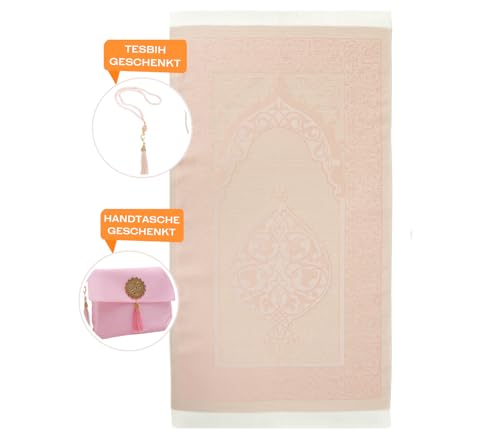 Prien Muslim Prayer Rug with Tasbih and Portable Bag, Muslim Gift for Women Men, Mubarak Islamic Box, Soft Mat Islam Gifts Set, Turkish Sajadah for Ramadan, Eid, Hajj, Travel, Pray (Pink) - color: Pink