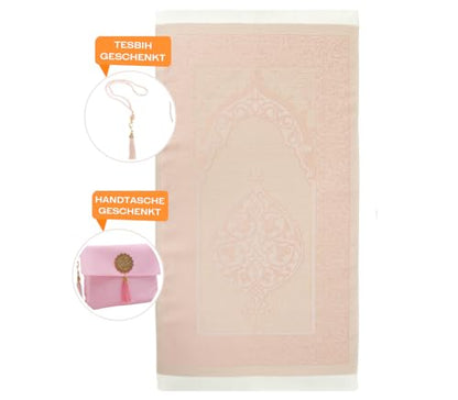Prien Muslim Prayer Rug with Tasbih and Portable Bag, Muslim Gift for Women Men, Mubarak Islamic Box, Soft Mat Islam Gifts Set, Turkish Sajadah for Ramadan, Eid, Hajj, Travel, Pray (Pink) - color: Pink