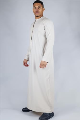 Men's Thobe Emirati Omani Jubba Islamic Clothing Muslim Kaftan Eid Robe Arab String Tassel - color: Beige Regular, size: 52