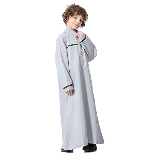 Boy's Muslim Arab Islamic Kaftan Embroidered Robe Solid Color Thobe Islamic Arabic Abaya Ethnic Dress With Pockets - color: Grey Stripe, size: 5-6 Years