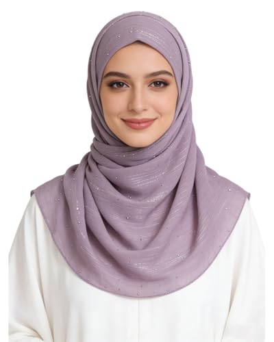 JUMISEE Sparkly Rhinestone Hijab Scarf for Women Glitter Wrinkle Chiffon Muslim Instant Hijab Long Scarves Head Wrap Shawls - color: Purple
