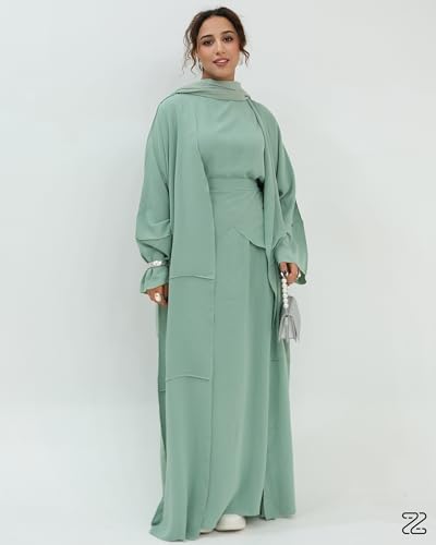 Abaya Muslim Prayer Dress Set Ramadan Open Front Islamic Clothing 3pcs Prayer Robe with Waist Apron Loose Flowy - color: Light Green, size: Small