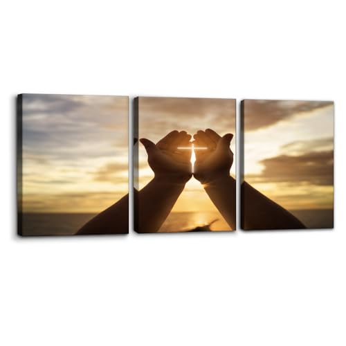 Pacimo Canvas Wall Art, Set of 3 Framed Art Prints, Jesus Hands Prayer Painting, Christian Crosses Print on Canvas Set, Sunset Modern Wall Decor for Bedroom Living Room Office Decor - 12"x16"x3 - color: Wallart-05, size: 12"x16"x3 Panels