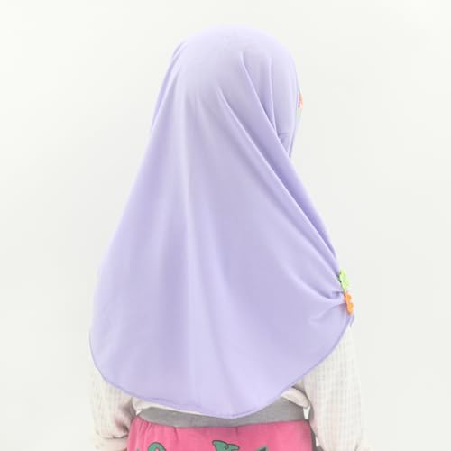 Girls Instant Hijab – Soft Kids Muslim Scarf with Flower, Breathable One-Piece Headscarf for Toddlers Age 2-8 - color: Small Flower-lavander