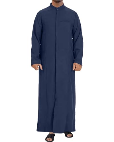YAOHUOLE Kaftan for Men - Long Sleeve Muslim Thobe with Button Down Closure - color: Dark Blue, size: Large