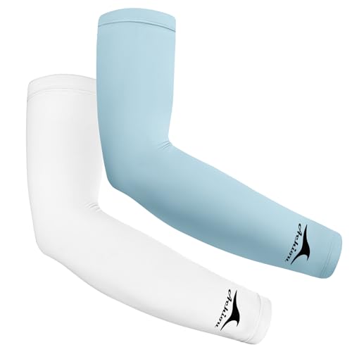 Achiou Cooling Ice Silk Arm Sleeves, Summer UV Sun Protection Compression Sleeves UPF 50+ for Women Volleyball Youth Sports - color: 2 Pairs: 1pair White,1 Pair Blue
