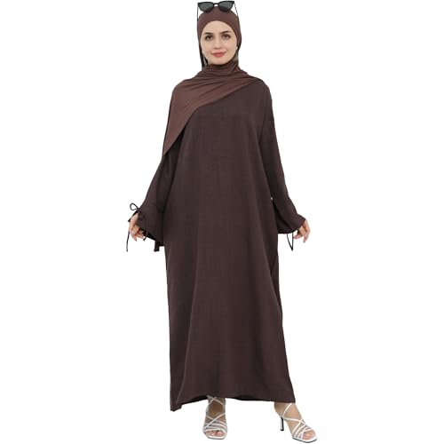Women 1PC Abaya Dress Simple Kaftan Eid Dress for Women Muslim Casual Robe Fashion Jilbab Dubai Travel Outfits - color: Dark Brown, size: Large