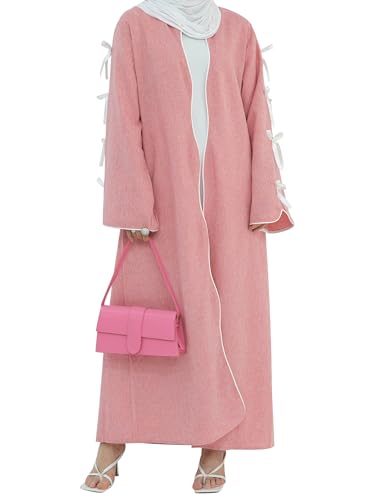 ODIZLI Women's Eid Abaya Dresses Long Sleeve Open Front Pearl Bowknot Prayer Dress Ramadan Cardigan Dubai Kaftan - color: Pink, size: Large