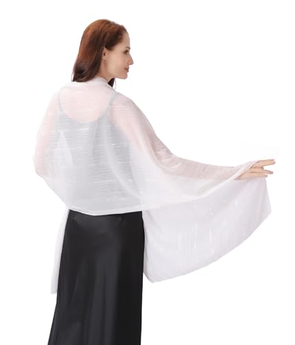 Women's Sheer Chiffon Shawl Wrap Scarf With Silver Thread,Lightweight Sparkling Rhinestone Versatile Hijab Stole - color: White