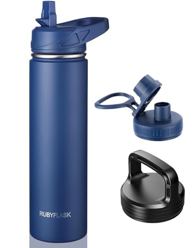 RUBYFLASK 24 oz Insulated Stainless Steel Water Bottle with Straw | 3 Lids, Wide Mouth, Metal Vacuum Leakproof Water Jug Flask and Handle, Large Thermal Cup, Navy - color: .Navy, size: 24 Ounces
