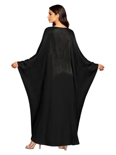 Shinsto Women Satin Prayer Dress Kaftan Robe Musulmane Femme Flashy Gown Luxury Party Wear Nightclub Outfit - color: Black, size: 1