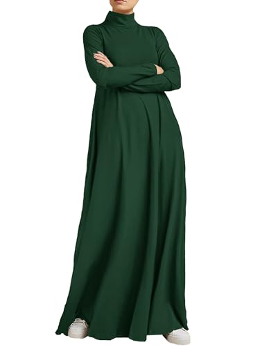 WSPLYSPJY Women High Neck Abaya Muslim Dress Solid Color Prayer Robe - color: Deep Green, size: Medium