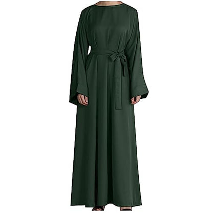 Ctreela Abaya Muslim Dresses for Women Girls Pockets Islamic Prayer Clothes with Tie Waist Ramadan Tarawih Sawm Outfits - color: Green, size: X-Large