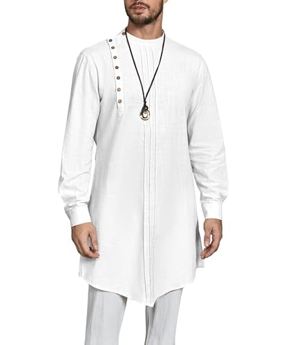 Gafeng Mens Kaftan Thobe Long Sleeve Robe Gown Casual Cotton Linen Button Muslim Shirt - color: White-, size: Medium