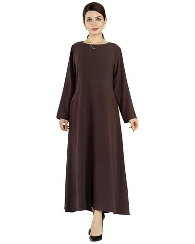 Solid Color Women Abaya Modest Muslim Prayer Robe Long Sleeve Dubai Maxi Dress Islamic Lightweight Dress - color: Brown, size: Medium