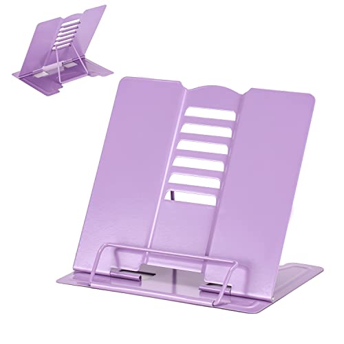 Metal Book Stand Adjustable Book Holder for Reading | Portable & Sturdy For Textbooks Cookbooks Sheet Music Papers Study - color: Full Purple
