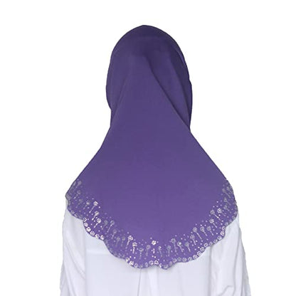 Girls Hijab with Rhinestones – Sparkly Non-Slip Amira Scarf for Kids, for Daily Prayer, School, Ramadan & Eid (Ages 4-12) - color: Purple-wavy Edge
