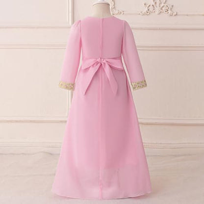 Toddler Girls Muslim Abaya Dress Islamic Dubai Modest Lace Belted Dress Abayas Kaftan Eid Prayer Clothes Arabian Maxi Robe - color: Pink-c, size: 5-6 Years