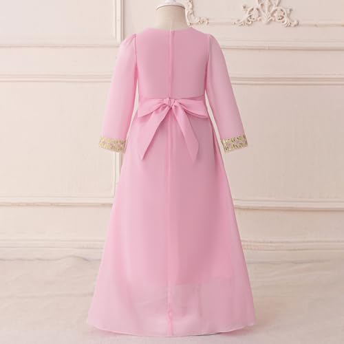 Toddler Girls Muslim Abaya Dress Islamic Dubai Modest Lace Belted Dress Abayas Kaftan Eid Prayer Clothes Arabian Maxi Robe - color: Pink-c, size: 6-7 Years