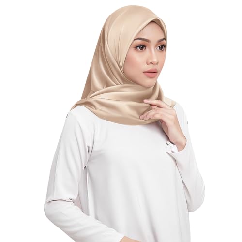 Elegant Satin Jersey Muslim Hijab Scarf Square Soft Head Wrap Scarves Shawl for Women Girls - color: Light Khaki(90*90cm)