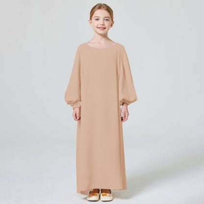 Kids Girls Muslim Abaya Long Lantern Sleeve Robe Maxi Dress Dubai Islamic Pleated Prayer Dress Full Cover Kaftan Casual - color: Khaki, size: 4-5T