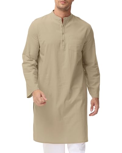 LVCBL Men's Kaftan Robe Long Sleeve Linen Thob Side Split Button Down Thobe Long Tunic Shirts - color: Khaki