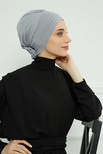 Aisha's Design Instant Turban Head Wraps for Women, Combed Cotton Scarf Lightweight Pre tied Hijab with Back Rose Detail - color: Grey