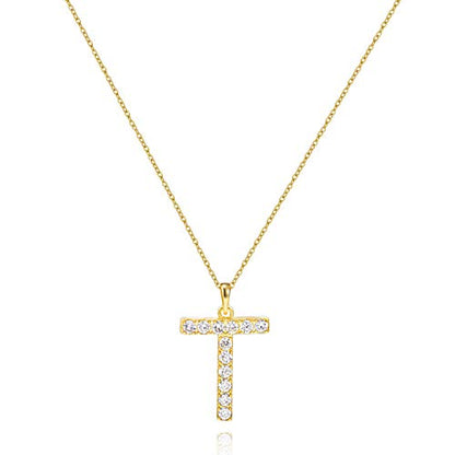 Tarsus Initial Cubic Zirconia Necklace Jewelry Gifts for Women Adjustable Chain 18" + 2" - style: Gold-T-Diamond style