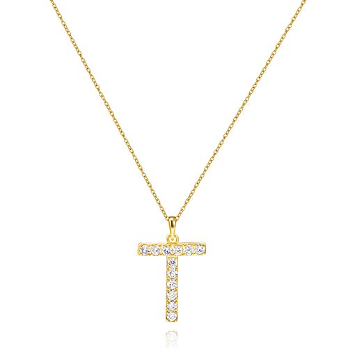 Tarsus Initial Cubic Zirconia Necklace Jewelry Gifts for Women Adjustable Chain 18" + 2" - style: Gold-T-Diamond style