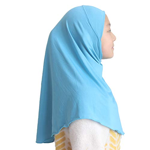 Girls Hijab Muslim Scarf for Kids – Ready to Wear, Solid Color, Soft & Breathable Daily Headwear for Ages 6-11 - color: Sky Blue