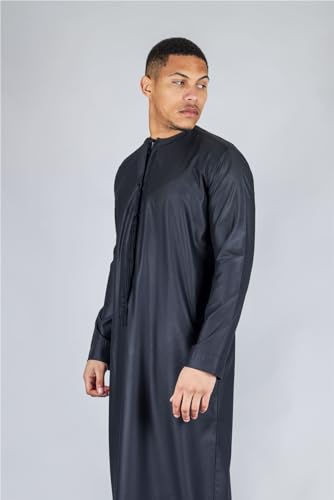 Men's Thobe Emirati Omani Jubba Islamic Clothing Muslim Kaftan Eid Robe Arab String Tassel - color: Black Regular, size: 56