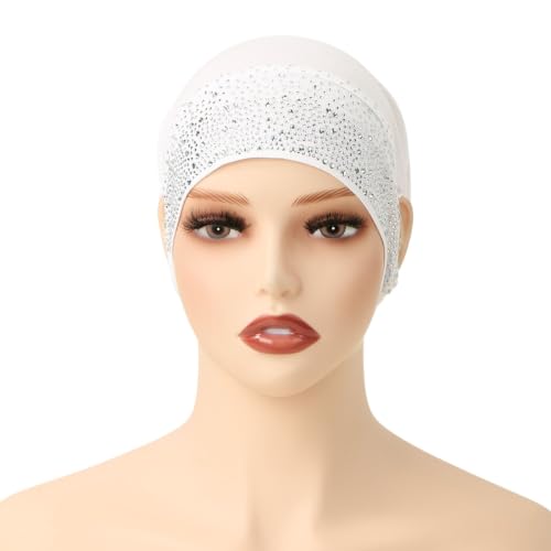 Muslim Hijab Undercap Rhinestone Embellished Turban Head Wrap for Women Jersey Inner Cap with Ear Holes - color: White