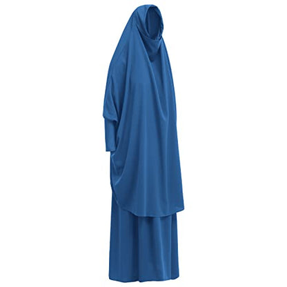 Prayer Clothes for Muslim Women Islamic Abaya Suit Maxi Skirt + Khimar Hijab 2pcss Burka Jilbab Kaftan - color: Blue