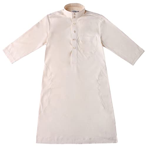 IDOPIP Muslim Thobe for Boys Kids Long Sleeve Islamic Arabic Kaftan Robe Middle East Dubai Prayer Dress Clothes with Pockets - color: Beige, size: 11-12 Years