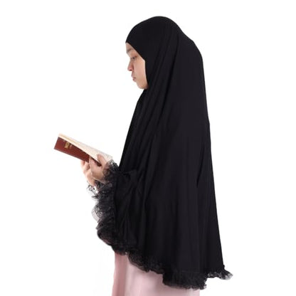MuLanLegend Handmade | Princess Nur Lace Prayer Dress | Muslim Girl Head Wear Salat Long Hijab - color: Black