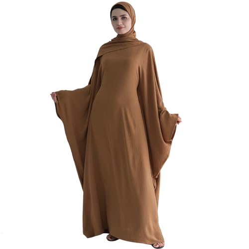 ODIZLI Abayas 여성용 무슬림 두바이 풀 커버 카프탄 셔츠 드레스 배트윙 슬리브 히잡 기도 드레스 - color: 커피 + 히잡, size: 단일 사이즈