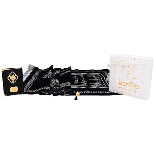 IEF Personalized Embroidered Prayer Rug Prayer Beads Yaseen Dua Book Quran Islamic Gift Set Ramadan Eid Hajj Umrah Wedding Birthday Mother's Day Father's Day Valentine's Day Gifts (Black) - color: Black