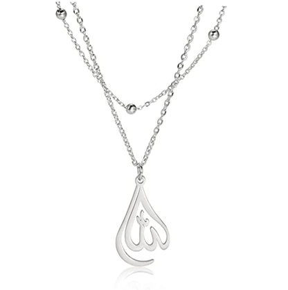 UNIFT Islamic Muslim Allah Layered Necklaces For Women Stainless Steel Charm Water Drop Heart Shape Allah Pendant Double Layer Necklace Islamic Jewelry - color: silver